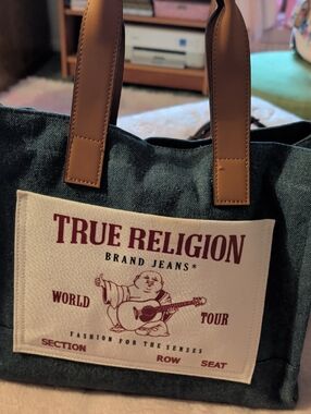 True Religion Dark Denim Tote with Brown Handles and Cream Logo Patch